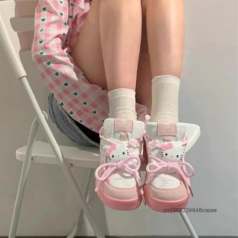 Trend Hello Kitty White Versatile Bread Shoes Women Spring Thick Soled Sports Board Shoes Korean Version Casual Simple Sneakers