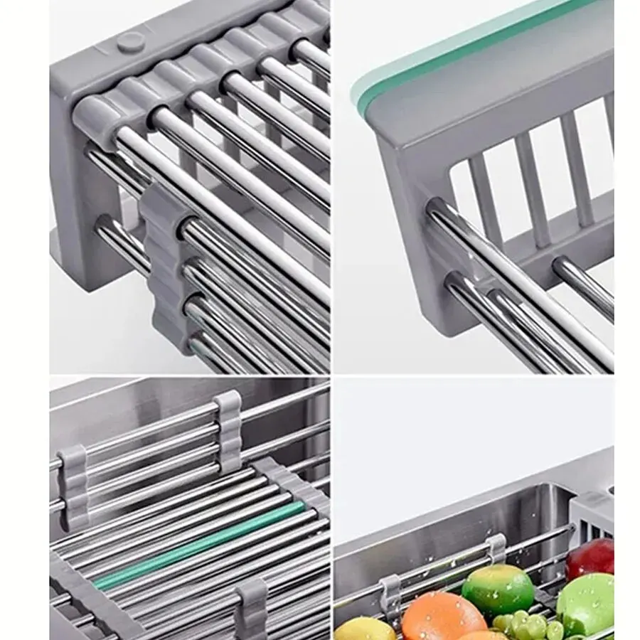 Adjustable Dish Drainer Stainless Steel Telescopic Drain Rack Fruit Vegetable Kitchen Organizer Sink Drain Perfect for Most Sink