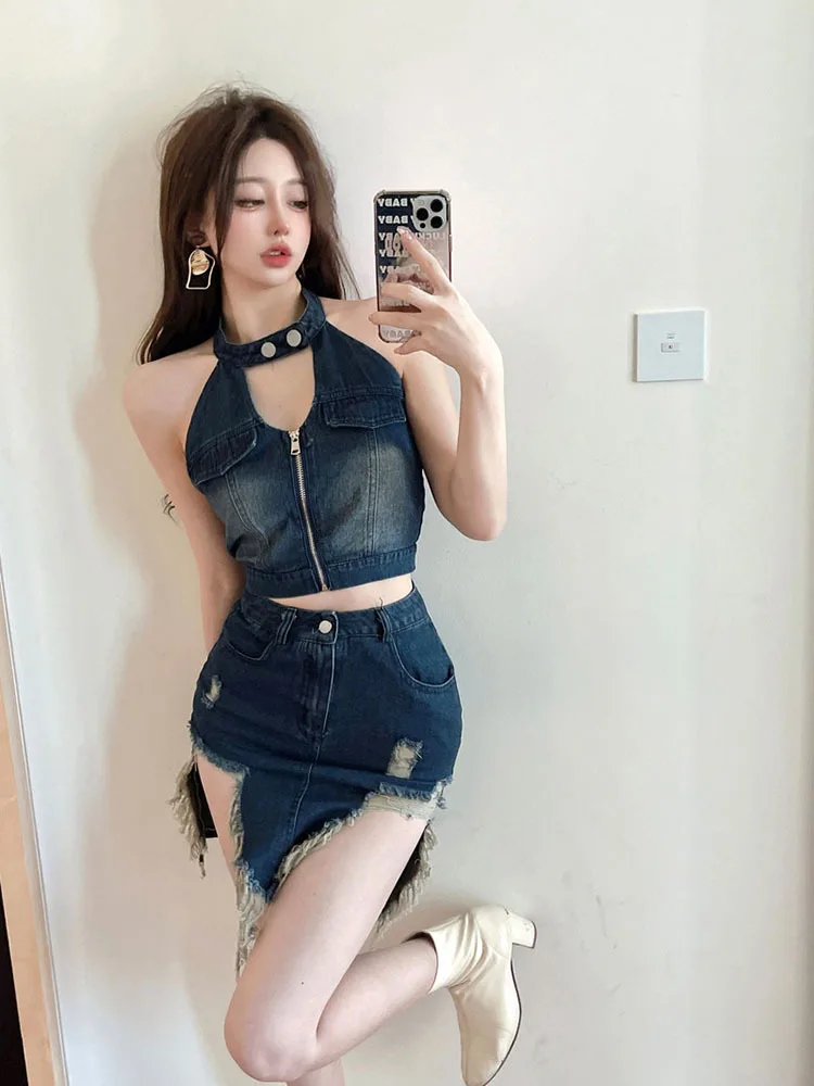 Summer Women\'s Suit Vintage Denim Two Piece Set Halter Backless Sexy Crop Top And Hole Mini Skirt 2 Piece Sets Womens Outfits