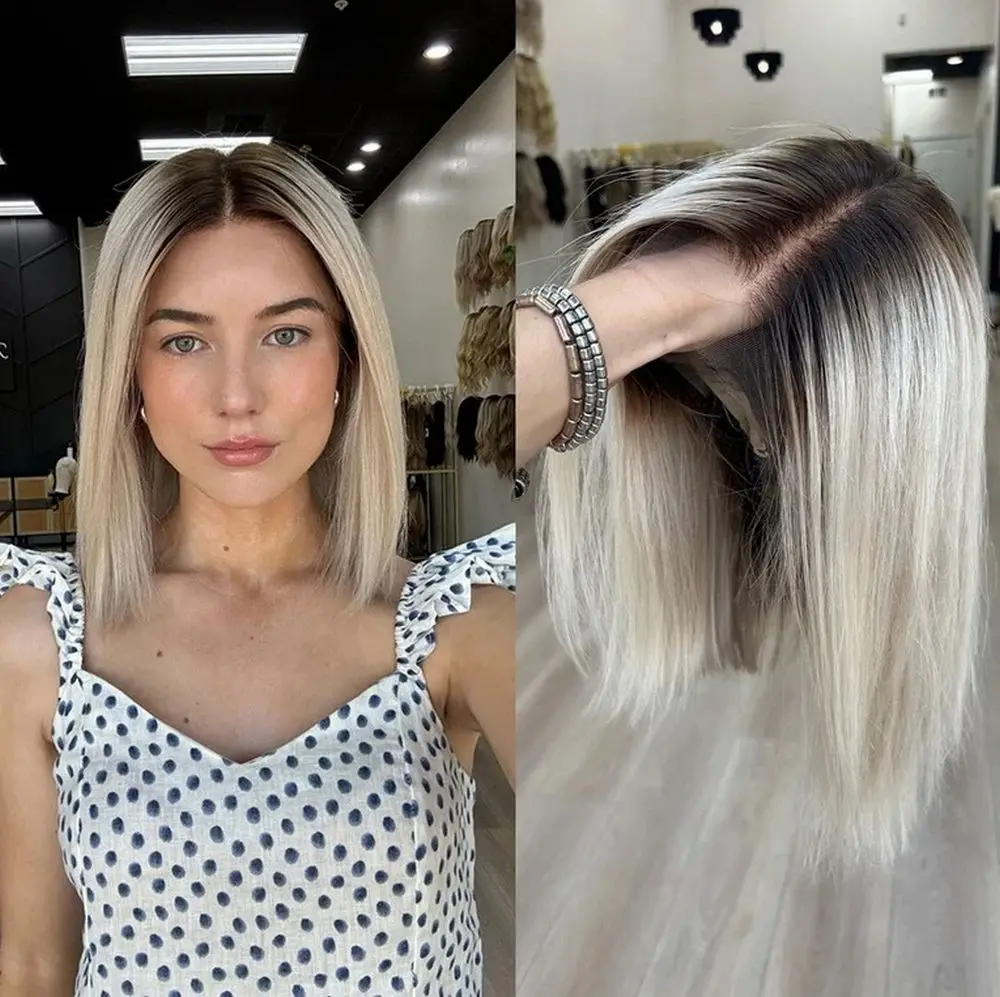 

Ombre Ash Platinum Blonde Wig Short Wave Bob Natural Pre Plucked Wear And Go Glueless Wig HD Synthetic Lace Front Wigs for Women