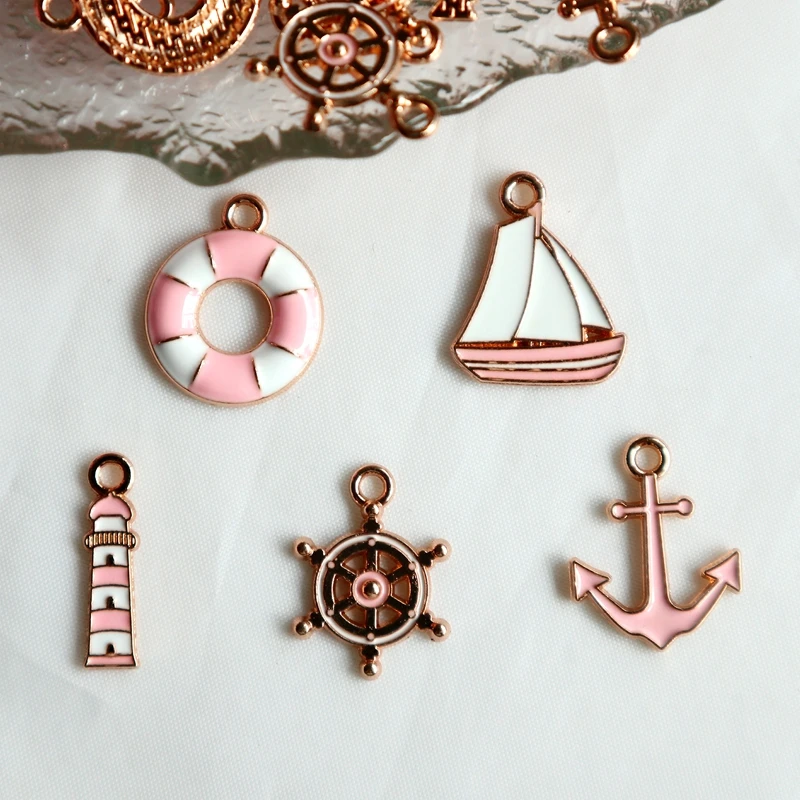 10pcs Mini Pink Nautical Enamel Alloy Pendant Lifebuoy Sailboat Rudder Anchor Metal Charm DIY Necklace Bracelet Earing Accessory