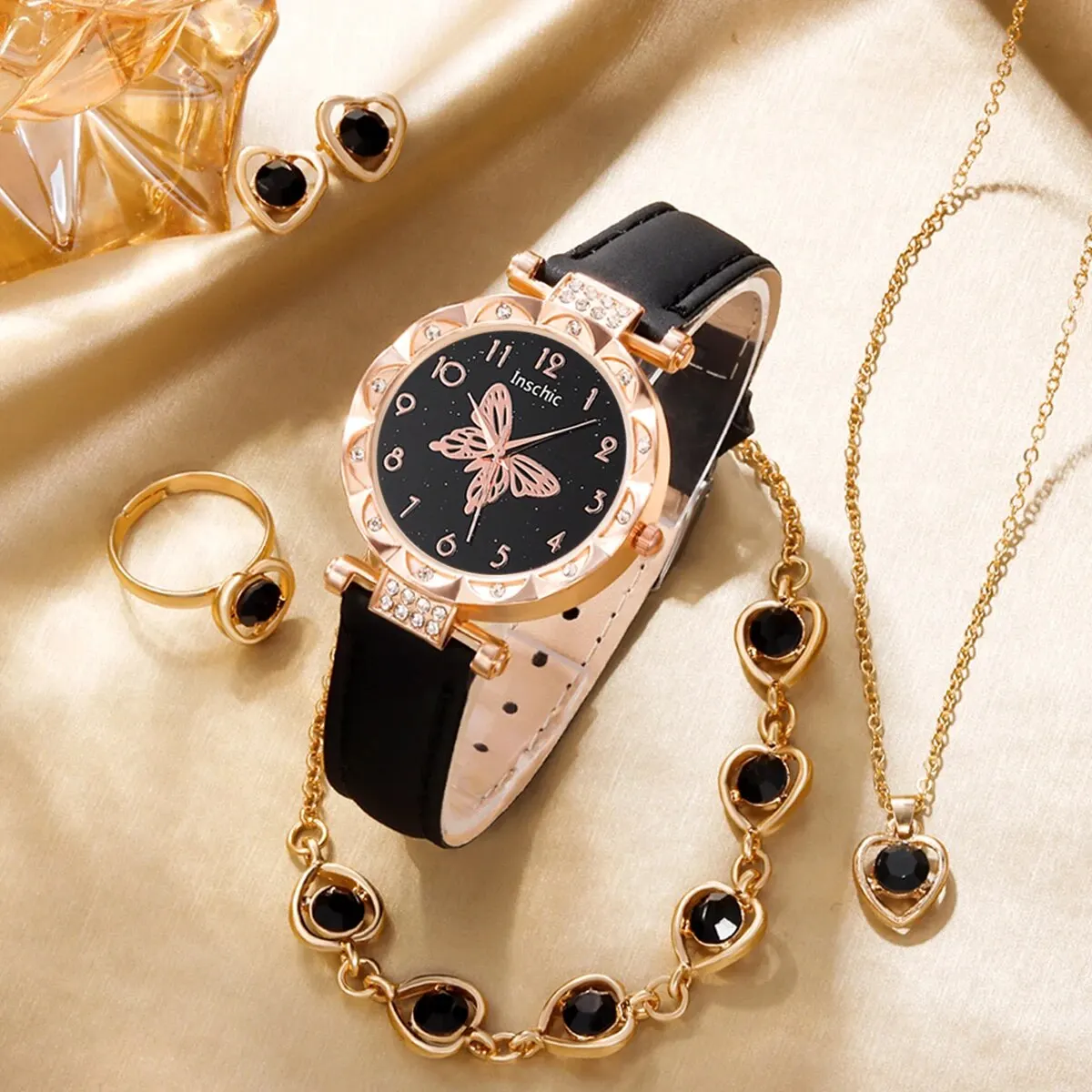 6ps Ladies Fashion Casual Star Butterfly Digital Rhinestone Belt Quartz Watch Powder Crystal Necklace Earrings Bracelet Gift Set