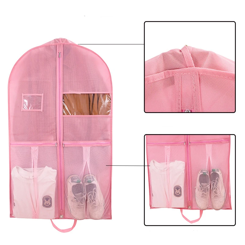 Pink Non-woven Dust Bag Hanging Garment Bag for Travel and Storage Zippered Clothes Bags with Mesh Pockets for Suit Shirt Dress
