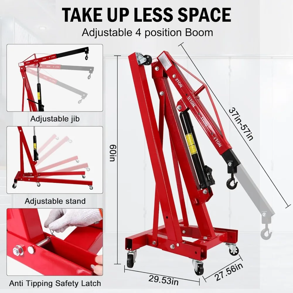 Engine Hoist 2 Ton 4409 Lb Heavy Duty Folding Cherry Picker Engine  with 6 Iron Caster Wheels Telescopic Boom Hitch (Red)