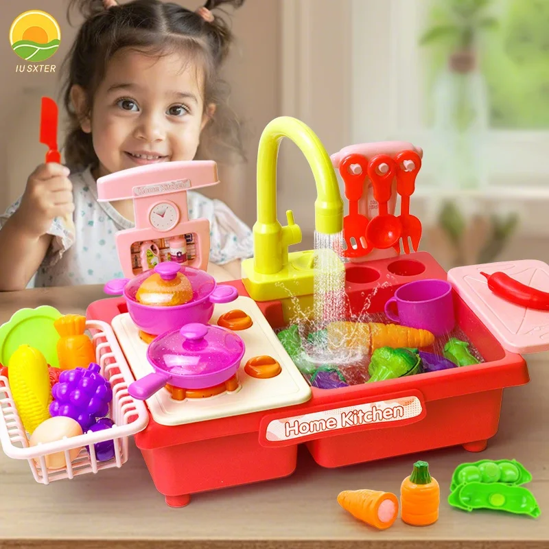 Enfants jouet évier électrique enfant lave-vaisselle eau avec légumes fruits nourriture cuisson semblant jouer jouet cuisine jeu de rôle 3 ans cadeau