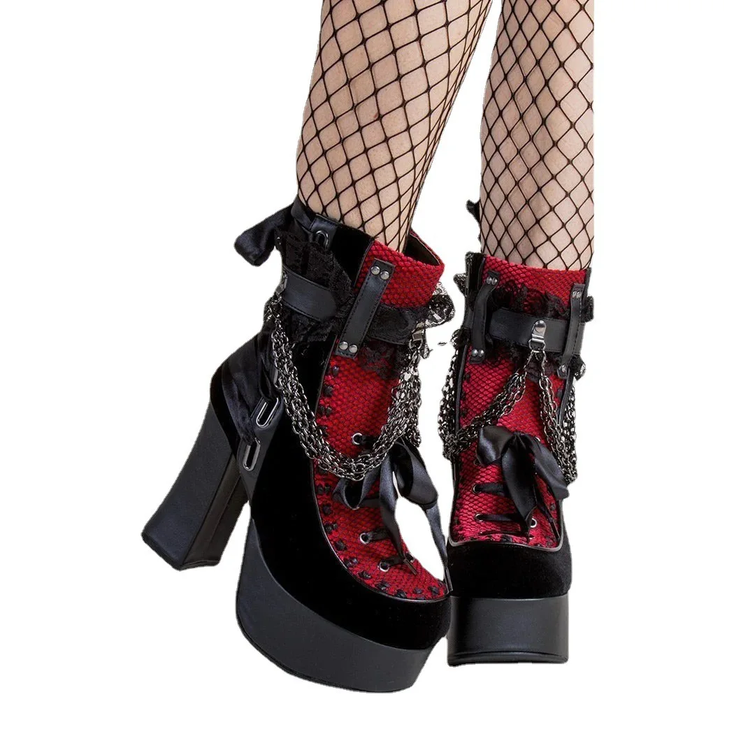 Gothic Style Chain Lace Up Bow Women Short Boots Retro Round Toe Square Heel Chunky Platform Ankle Boots Punk Ladies Party Shoes