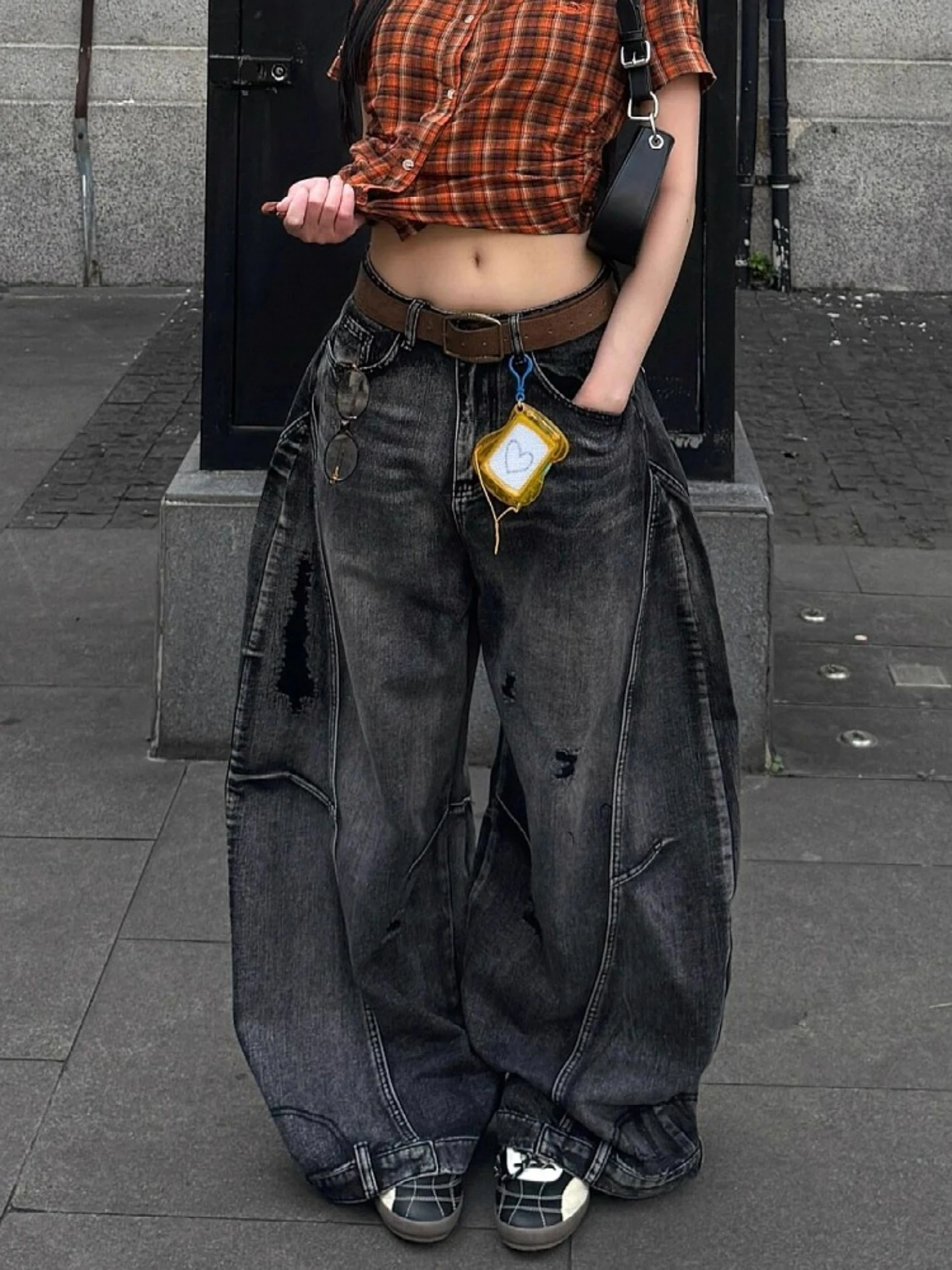 

American Vibe Джинсы большого размера с завышенной талией Женские уличные свободные узкие широкие длинные брюки Модные прямые брюки H...