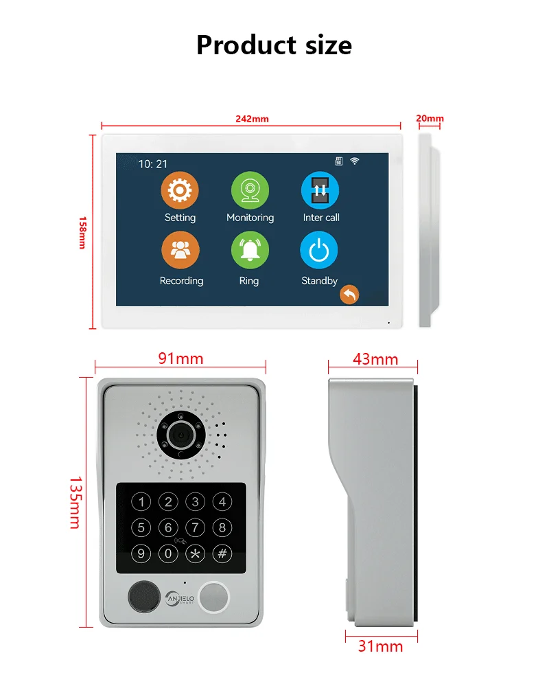 Angelelo 1080P Tuya Wifi Walkie-talkie Impronte digitali 5 in 1 Sblocco 7 pollici Home Touch Screen Video Walkie-talkie Sistema di sicurezza