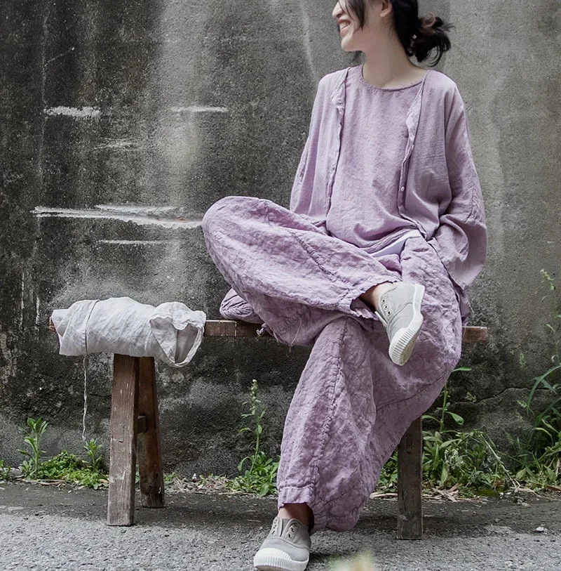 Cotton Linen Wide Leg Pants Women Pants Vintage Harajuku Korean Fashion Elastic Waist Trousers Women Loose Casual Purple Clothes