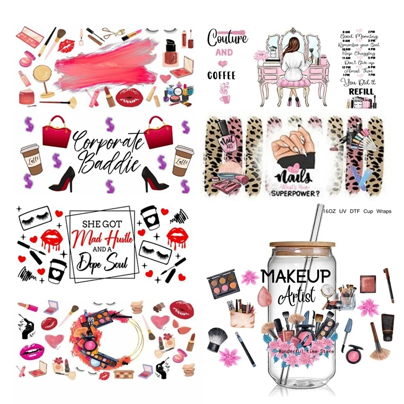 13+ Fashion Make Up Design Print 3D UV DTF Cup Wraps stickers Custom Lash UV Power Girl Wraps for 16oz Libbey Glass Can