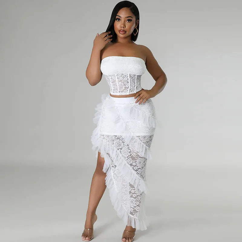 

Sexy Lace Patchwork See Through Two Piece Set Women Strapless Crop Top and Asymmetrial Ruffles Skirt Club Party Matching Sets