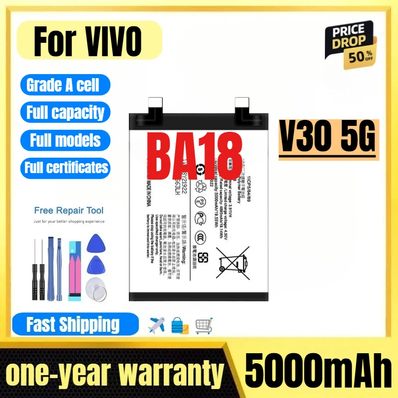

BA18 for VIVO V30 5G Mobile Phone Battery 0 Cycle High Quality High Capacity Battery Replacement Bateria Grade A Cell with Tools
