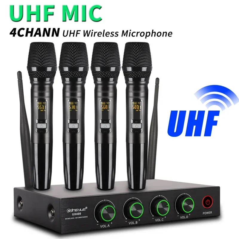 

4 Channel Wireless Microphone System UHF Handheld Dynamic Microphone for Home Karaoke Singing Loudspeaker Speech