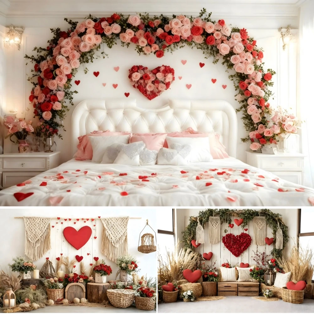 

Valentine's Day Backdrop Bedroom Scene Warm Bed Romantic Arch Flowers Love Heart Proposal Wedding Photography Background Props