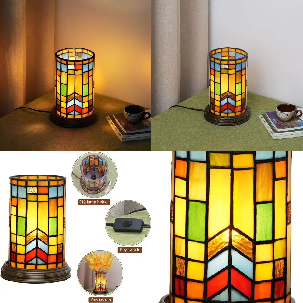 

Bohemian Tiffany Stained Glass Table Lamp for Living Room, Bedroom, and Kids' Rooms - Decorative Night Light with Flower Vase Ae