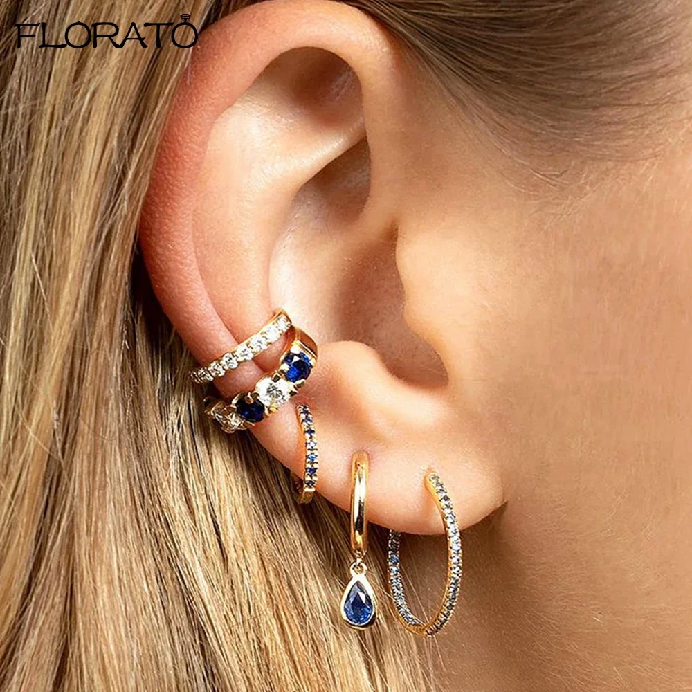 2024 New Luxury Blue Crystal Zircon Hoop Earrings for Women's  Fashion Flower/Heart/Square Drop Earrings Small Piercing Jewelry