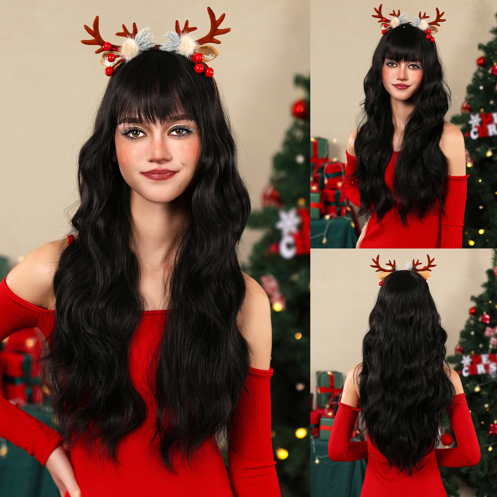 HENRY MARGU Black Hair Wigs with Bangs Long Wavy Synthetic Wig Heat Resistant Fiber Natural Looking Daily Black Wig for Women