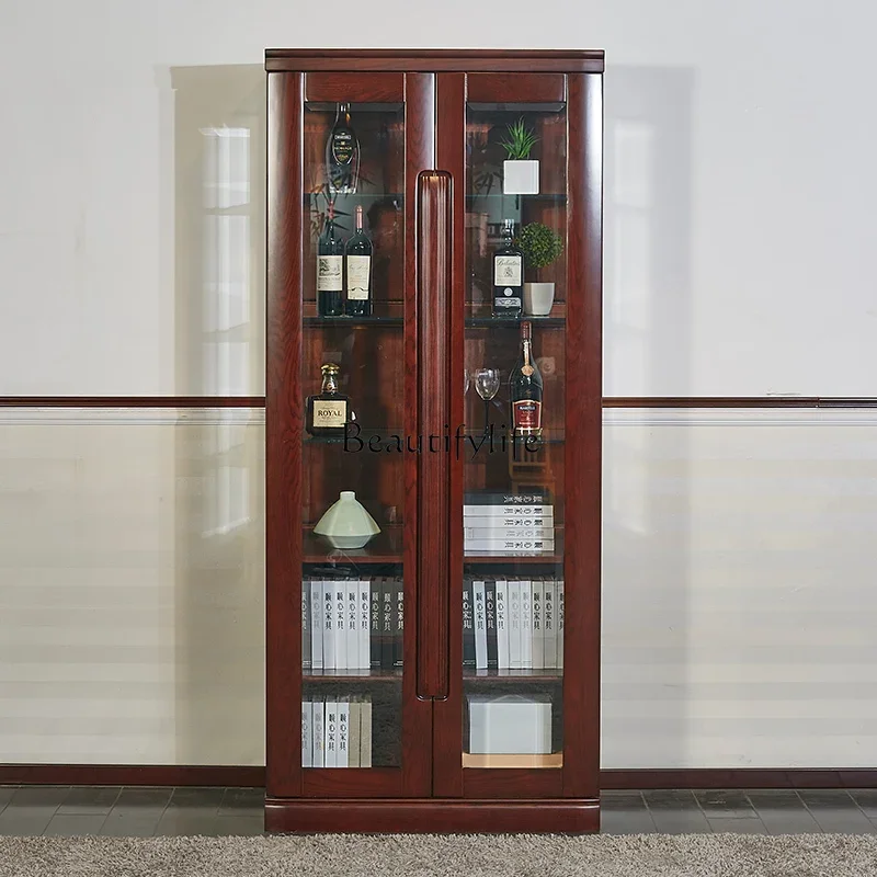 

yj5 Red sandalwood wine cabinet against the wall oak Chinese solid wood living room wine cabinet