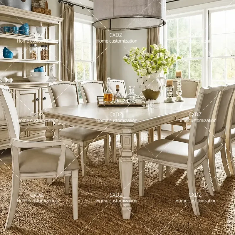 Rustic Antique Solid Wood Dining Table and Chair Set Retro Rectangular Kitchen Furniture for Villa Living Room Home Decor