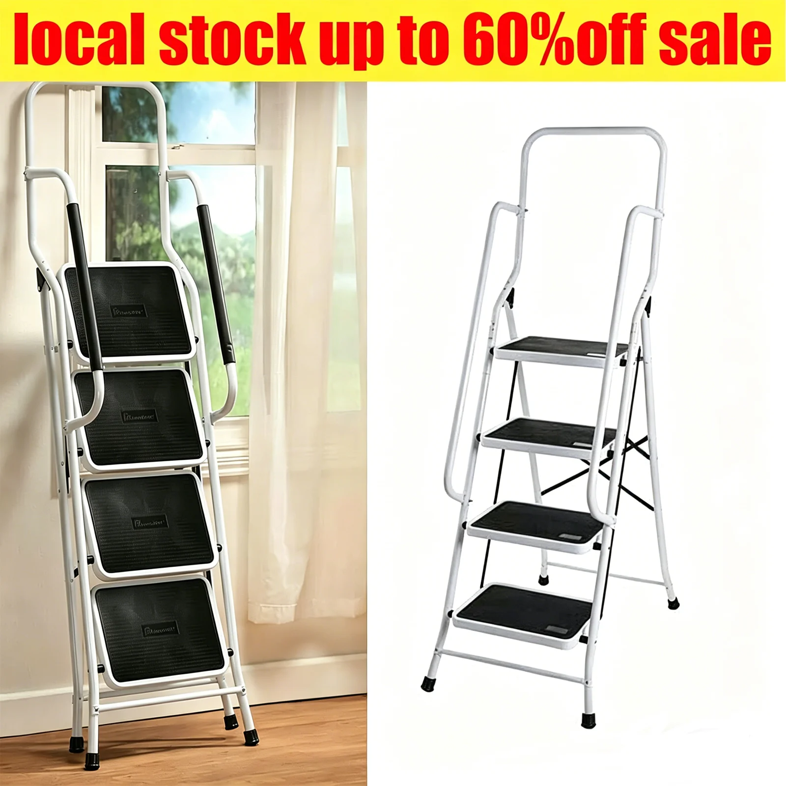 Escalera plegable de acero de 4 etapas con pasamanos de seguridad y peldaños antideslizantes, escalera plegable portátil con una capacidad de carga máxima de 150 kg, adecuada para oficina, hogar y jardín.