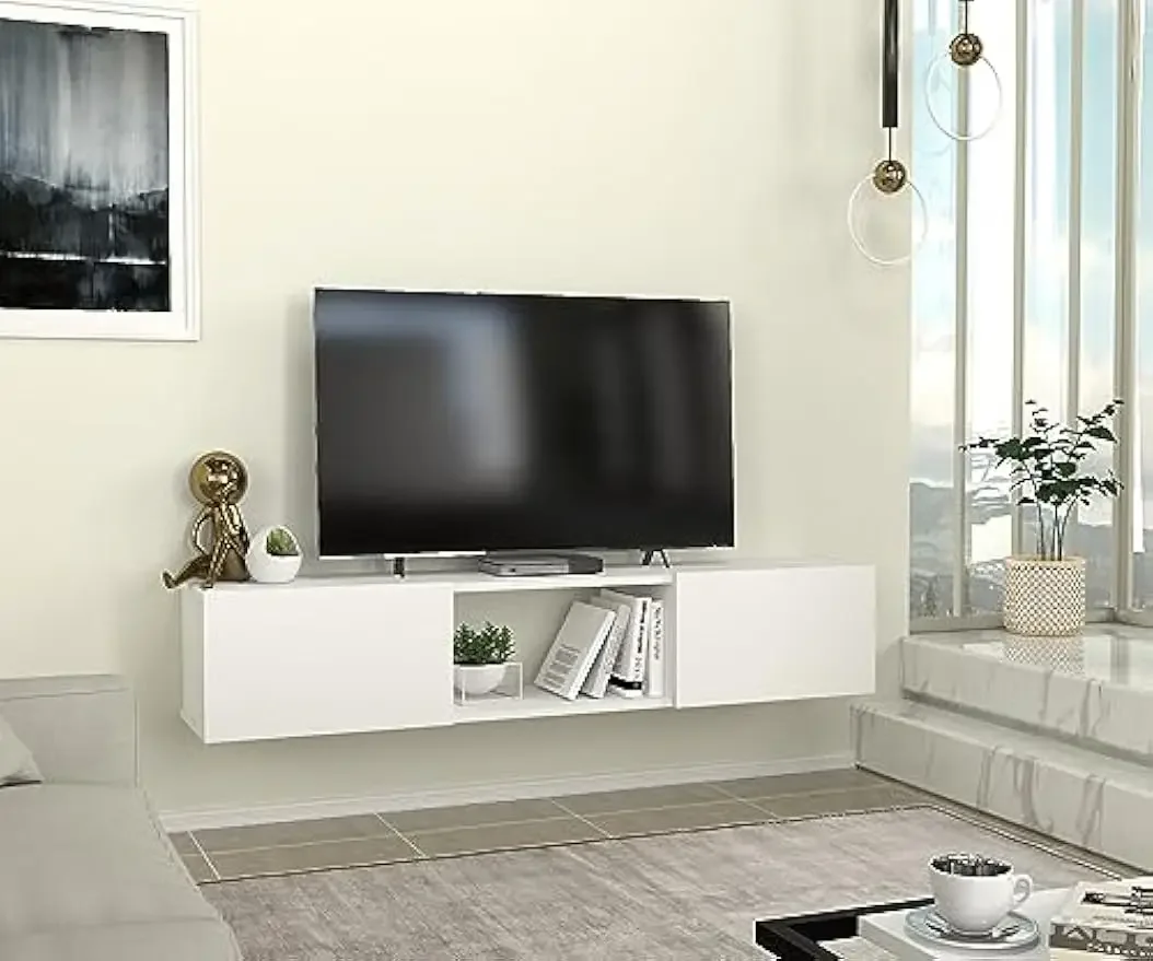 

DORPEK Segment Stand White|Floating Unit for TVs up to 65”| Wall Mounted Tv Bench with 2 Drawers and 1 Open Shelf