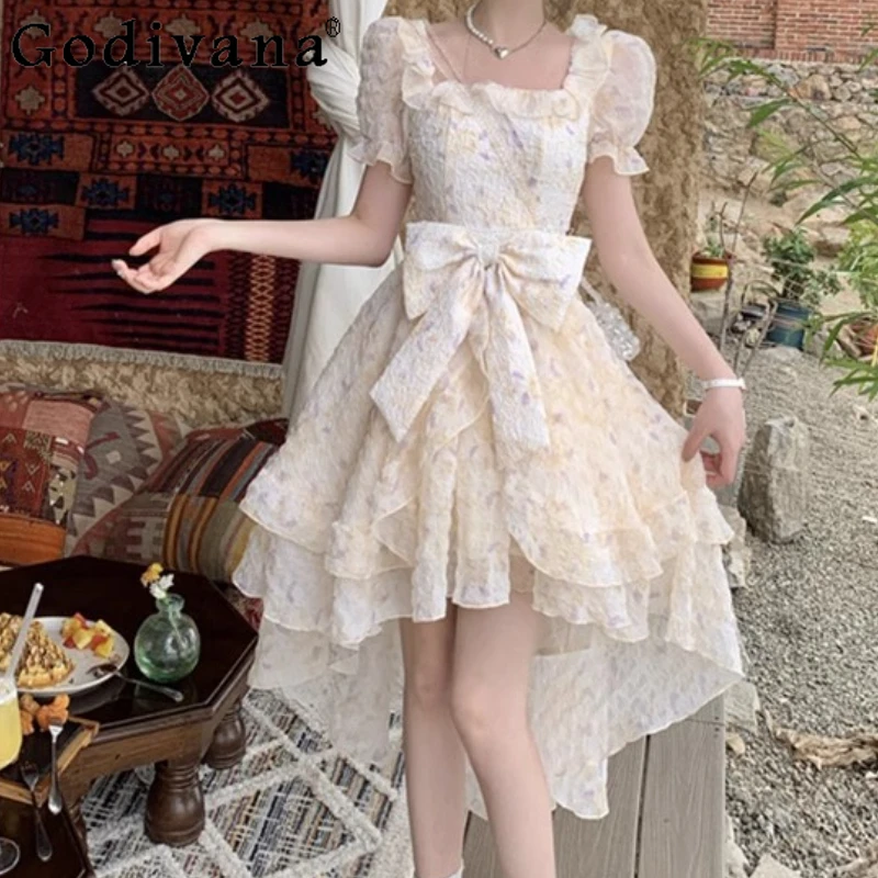 

Темпераментное длинное элегантное платье с квадратным вырезом и бантом спереди, короткое сзади, новые летние платья принцессы с пышными рукавами для девочек