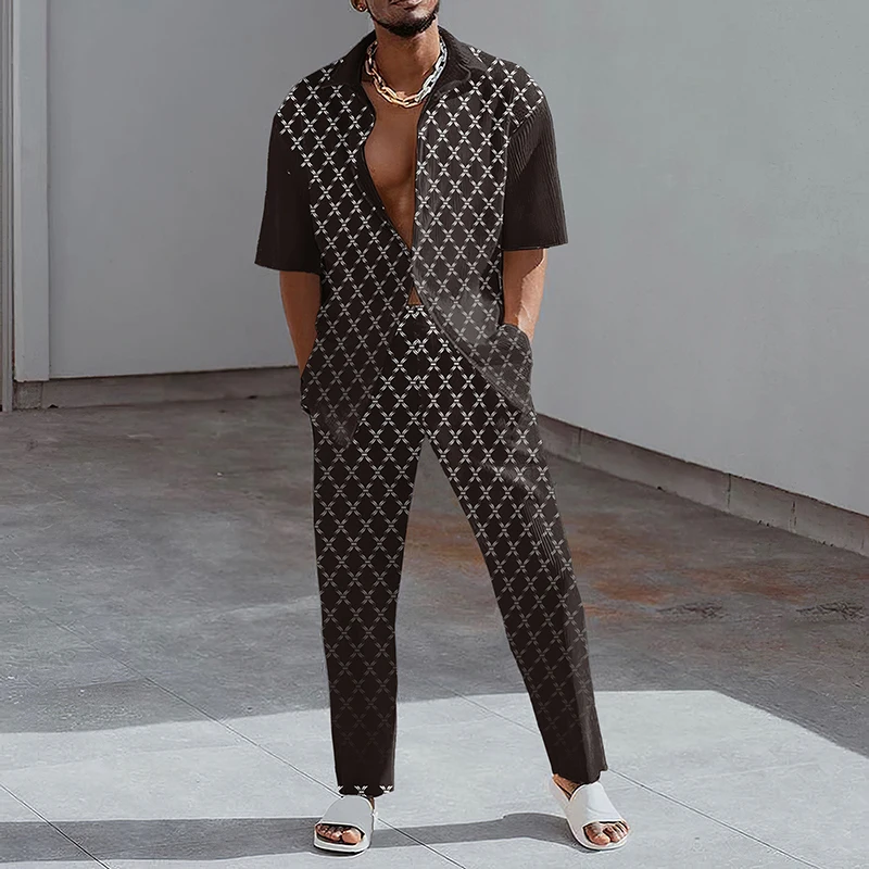 Men Shirt Suits 3D Printed Striped lattice Fashion Men loose Breathable Men Lapel Short Sleeve Shirt Long Pants Two Piece Set