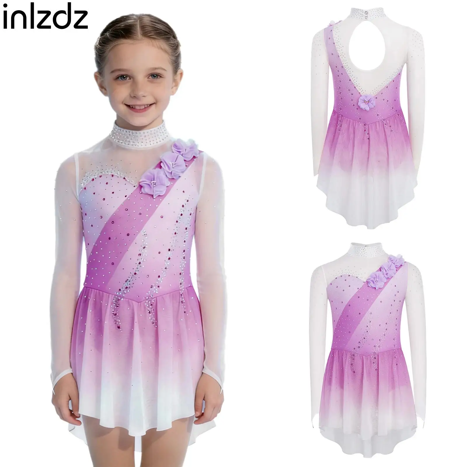 

Child Girls Lyrical Modern Dance Costume Dress Stage Performance Costume 3D Flowers Rhinestones Dress Kids Skating Dance Clothes