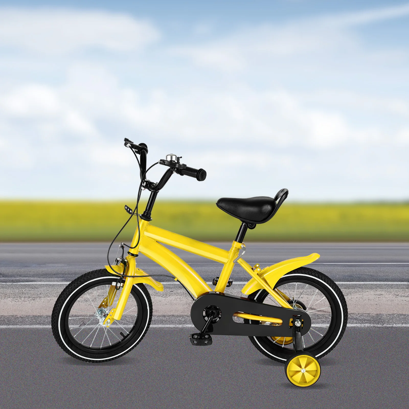 Yellow  14 Inch Children Bicycle with Adjustable 2 Training Wheels Children's Exercise Bicycle for Boys and Girls