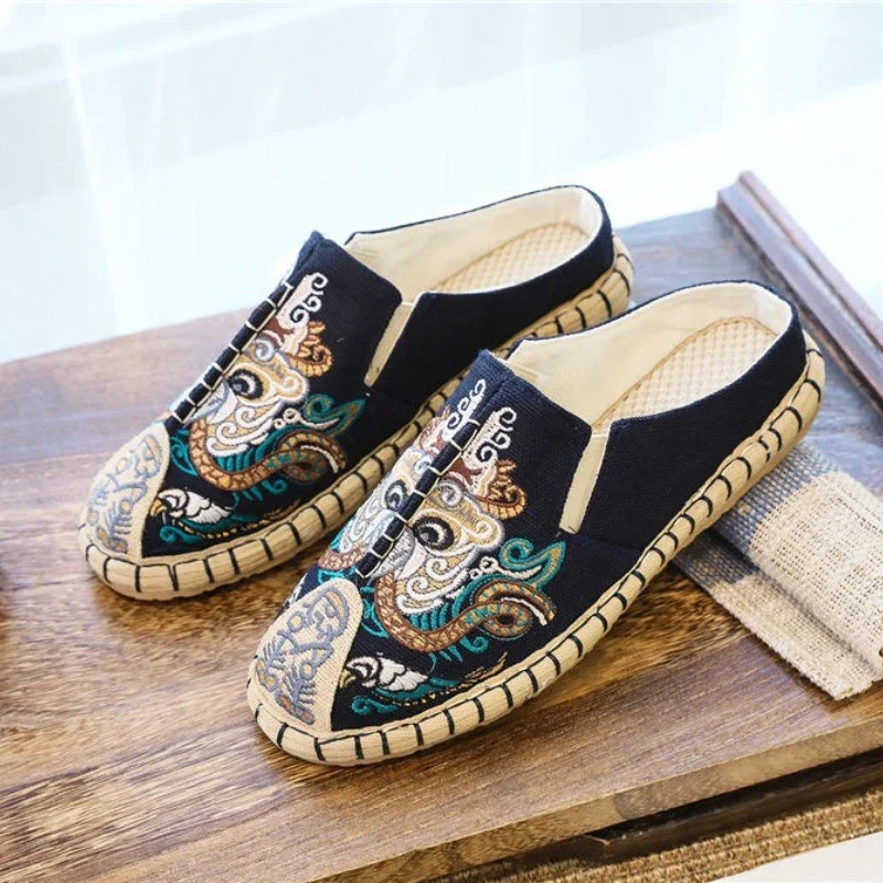 Men's Shoe Walk Around Home Embroidery Half Male Slipper Cheap Shoes Liquidation Low Price Mascullino Designer Luxury Y2k Slides