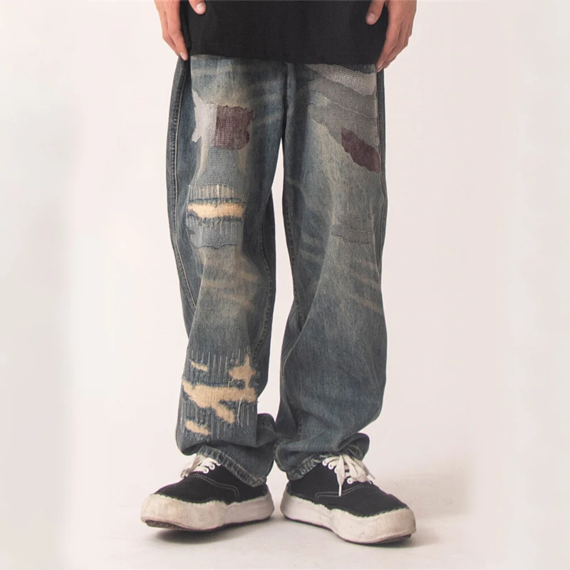 

Baggy Jeans Men Ripped Distressed Destroy Streetwear Hip Hop Rap Loose Patchwork Patch Wide Leg Y2k Denim Pants Hole Thin Summer