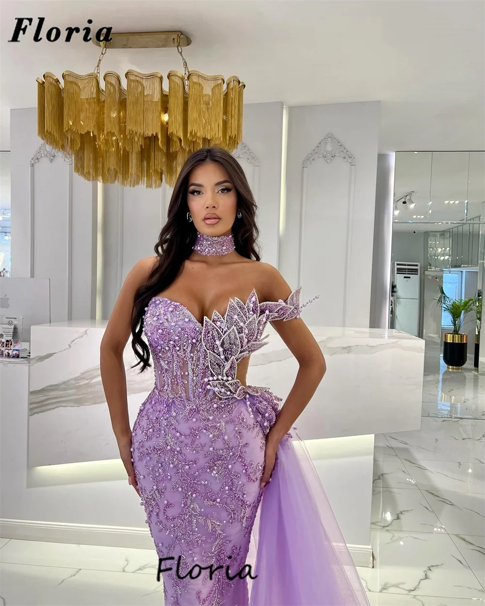 New Elegant Lilac Mermaid Celebrity Dresses With Slit Train Formal Beading Off Shoulder Evening Dresses Dubai Wedding Party Gown