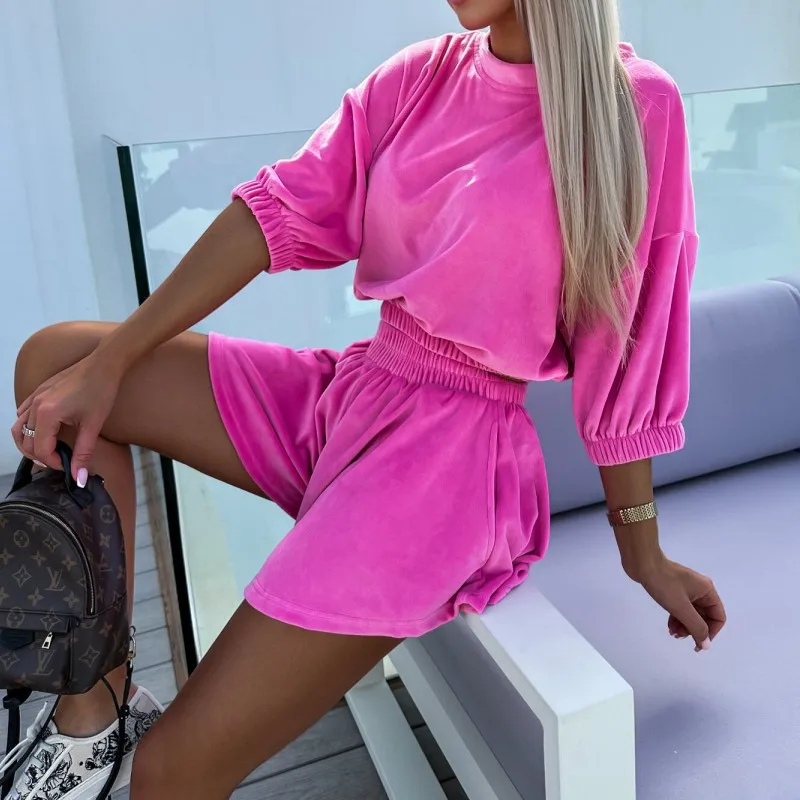 

Customized 2025 new women's summer fashion suit Solid color long-sleeved crew-neck top Sports wide-leg pants 2 piece sets female