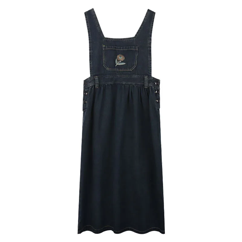 Flor bordado denim vestido primavera outono sem mangas solto a-line suspender vestido feminino casual longo vestido