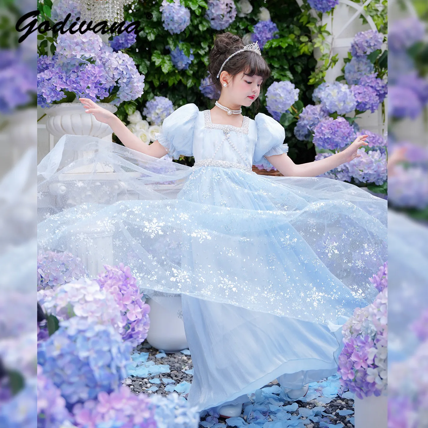 Sweet Baby Girls High End Heavy Luxury Lolita Princess Dress 2026 New Kids Tulle Sequin Court Puff Sleeve Square Collar Dress