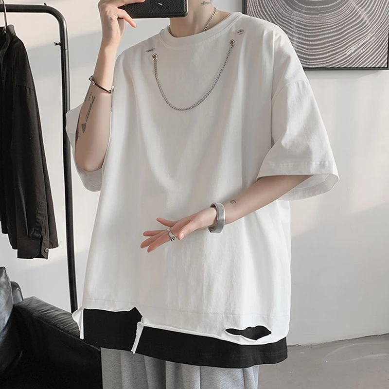 

Vintage Short Sleeve Men Sweatshirt With Chain Summer Fashion Hip Hop Ripped Hold Fake Two High Street Harajuku Oversize T Shirt