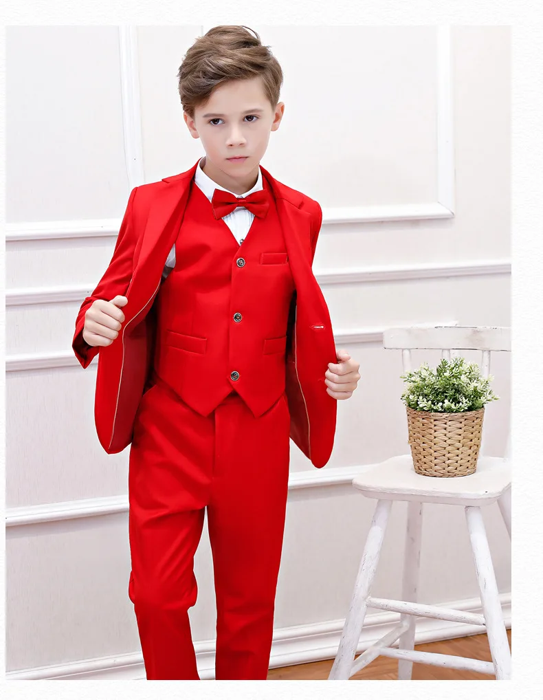 Flower Boys Formal Red Wedding Suit Kids Party Photograph Set Teenager Birthday Tuxedo Dress Children Graduation Show Costume