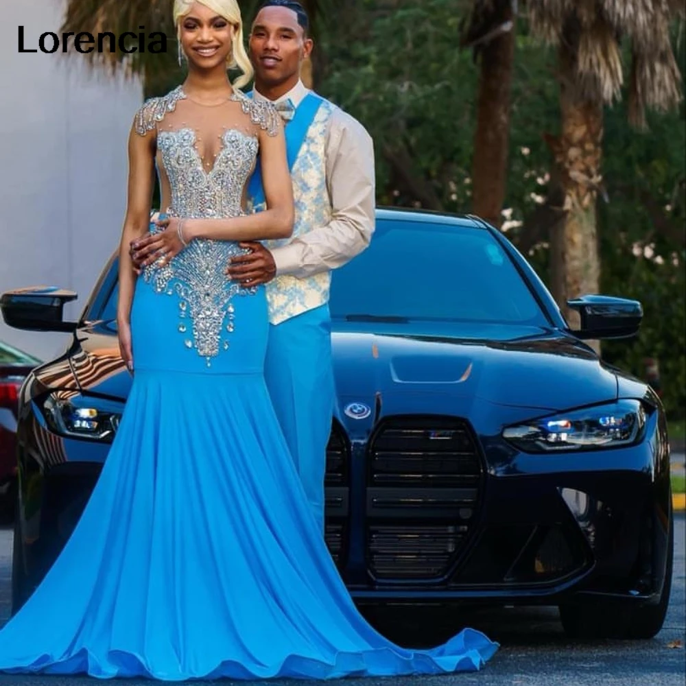 Lorencia Luxus blau Meerjungfrau Ballkleid für schwarze Mädchen Silber Kristalle Strass Perlen Chiffon formelle Party Gala Kleider ypd95