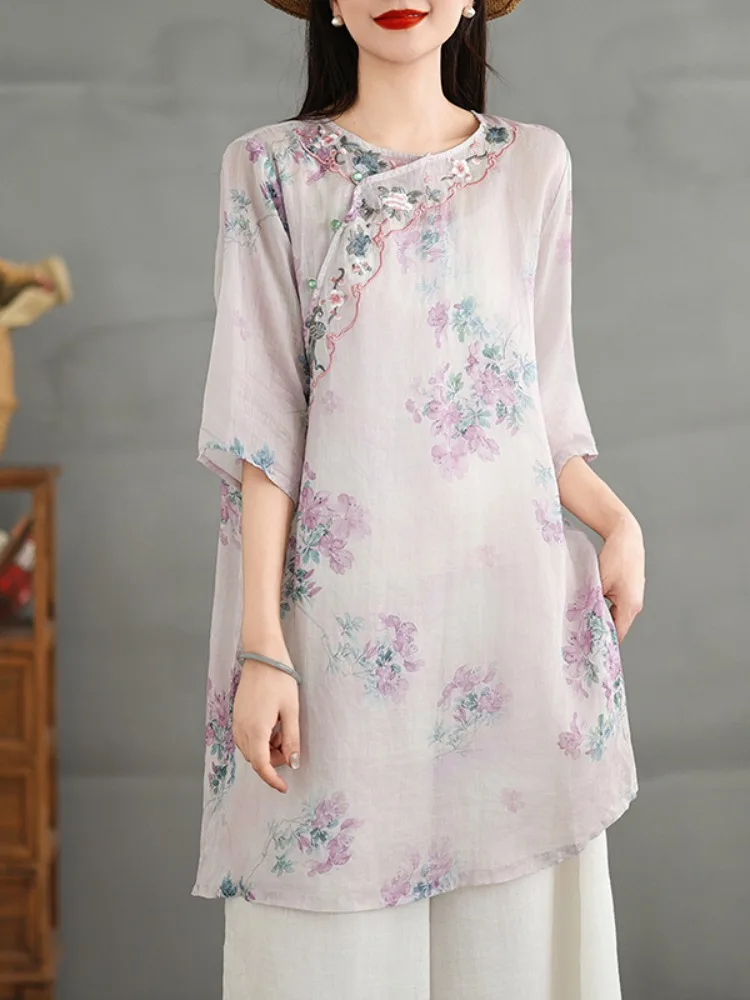 

Китайский Sle, национальный тренд, свободная женская льняная одежда средней длины с вышивкой на боковых пуговицах и принтом, летняя одежда для чая в стиле дзен