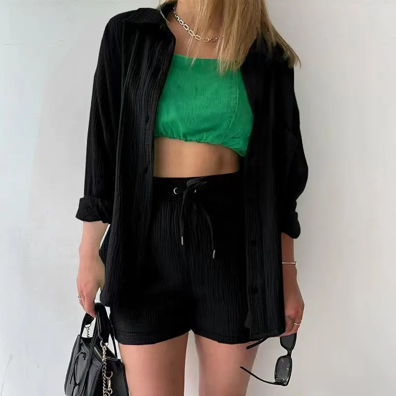 Women Summer Vacation Casual Loose Long Sleeve Cotton Pleated Button Shirts High Waist Drawstring Shorts Two Pieces Sets Outfits