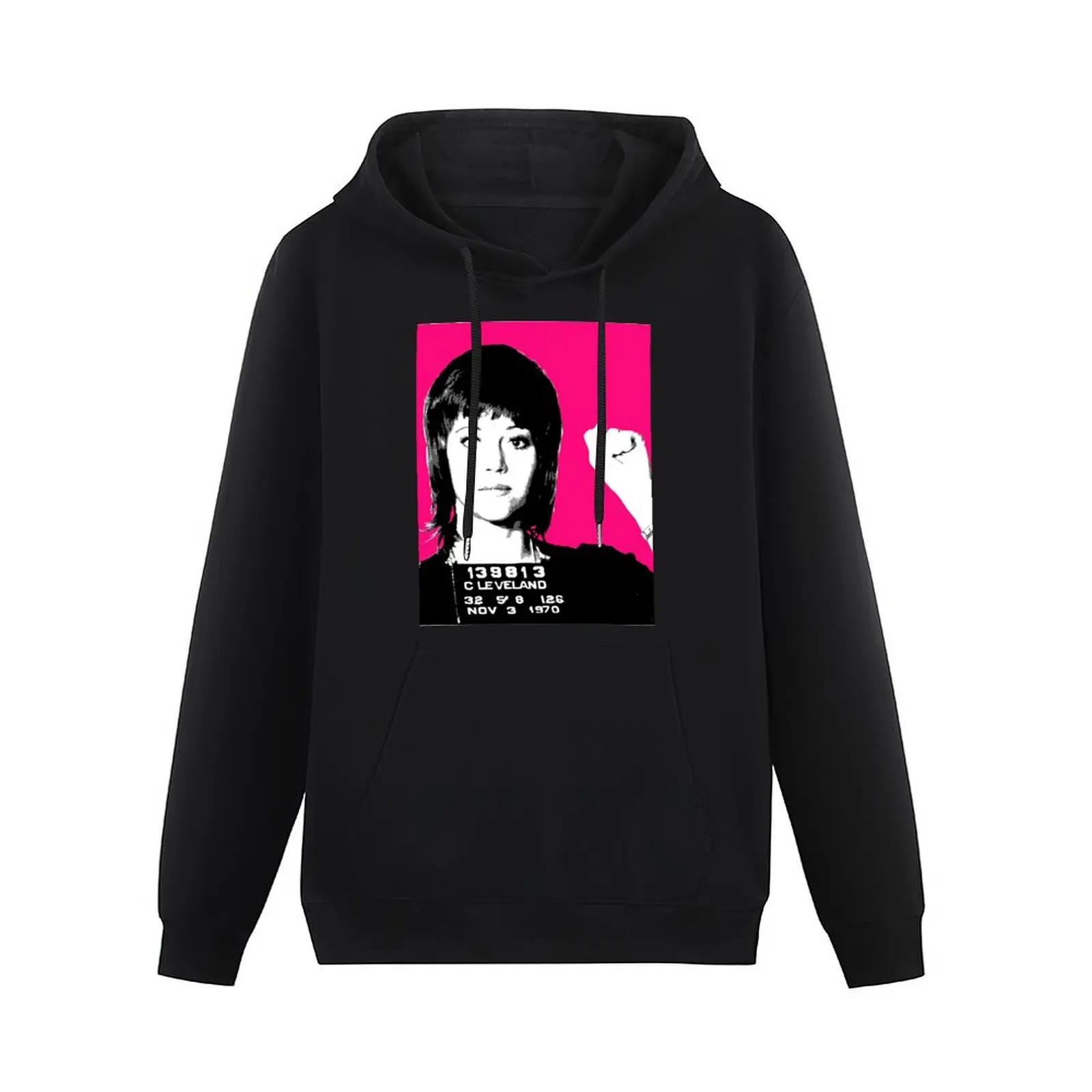 Jane Fonda Mug Shot - Pink Pullover Hoodie mens clothing autumn jacket men men's hoodie sweatshirt