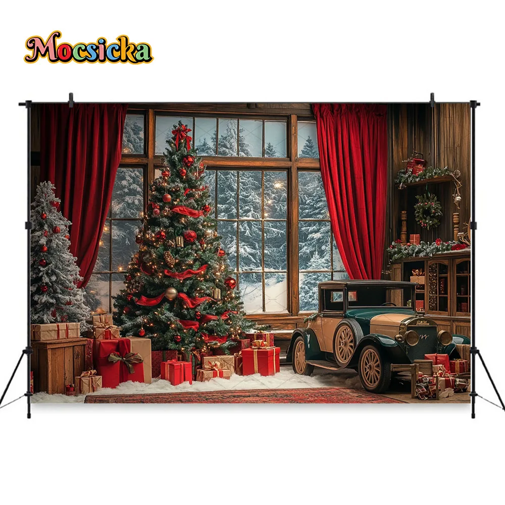Retro Christmas Gift Room Background Photography Wooden Window Xmas Tree Toys Cars Backdrop New Year's Eve Family Photo Studio