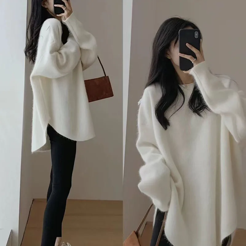 Autumn And Winter New Thick Pink Sweater Long Sleeve T-shirt Women's Long Loose Top Cover Bottom Bottoming Shirt