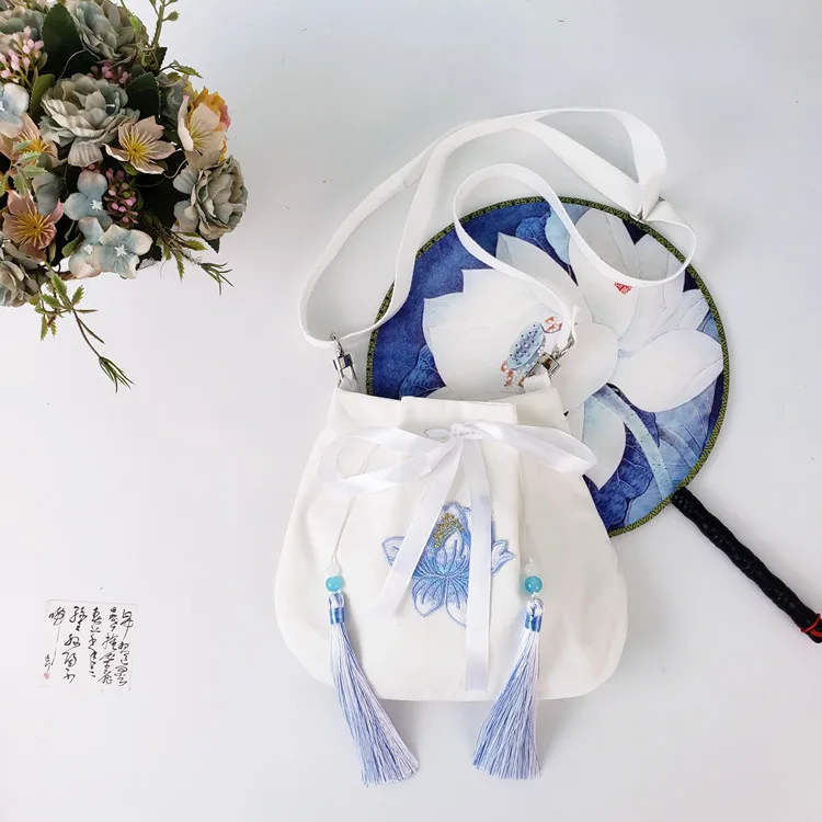 Новая вышивка лотоса в древнем стиле, сумка ханьфу, диагональная сумка с крестом, сумка в китайском стиле, сумка в древнем костюме, женская сумка