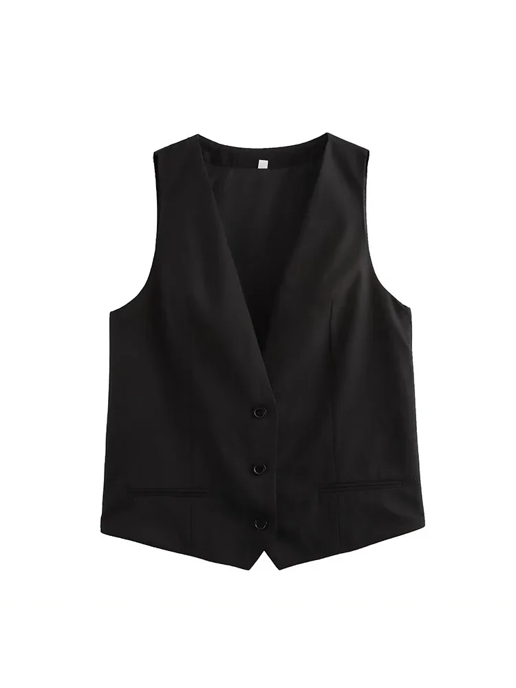 Willshela Women Fashion Black Single Breasted Vest Waistcoats Vintage V-Neck Sleeveless Jackets Female Chic Lady Tank Tops