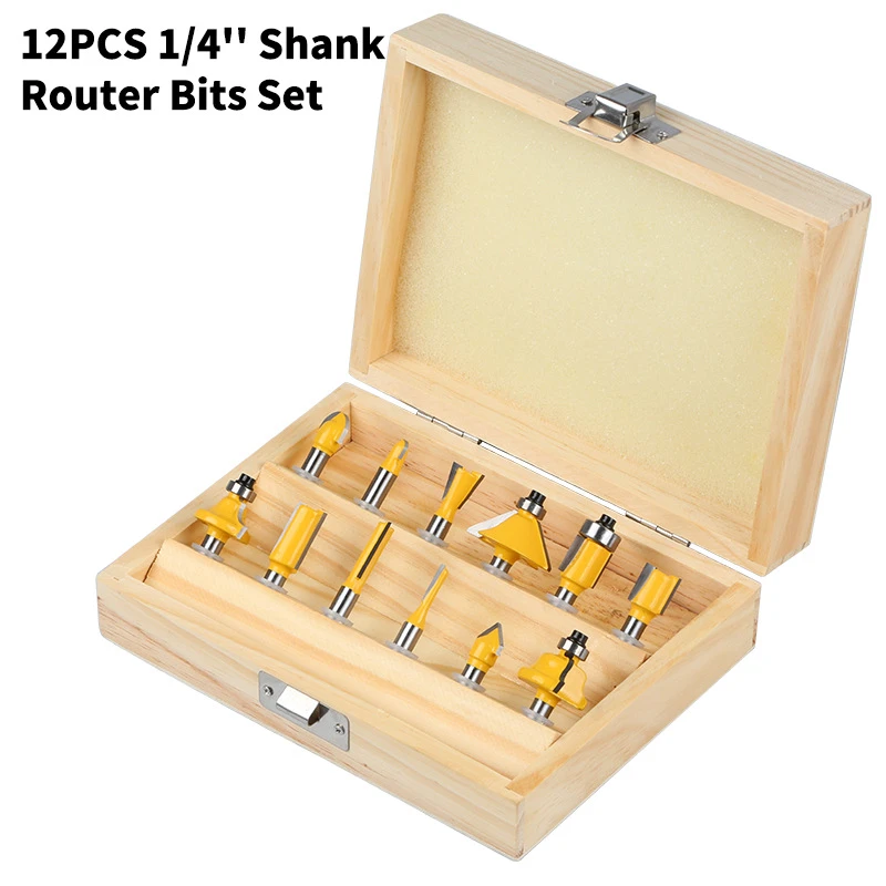 12 PCS/Set 1/4" Shank Milling Cutter Wood Carving Bearing Router Bit Set Household Woodworking Trimmer Engraving With Wooden Box