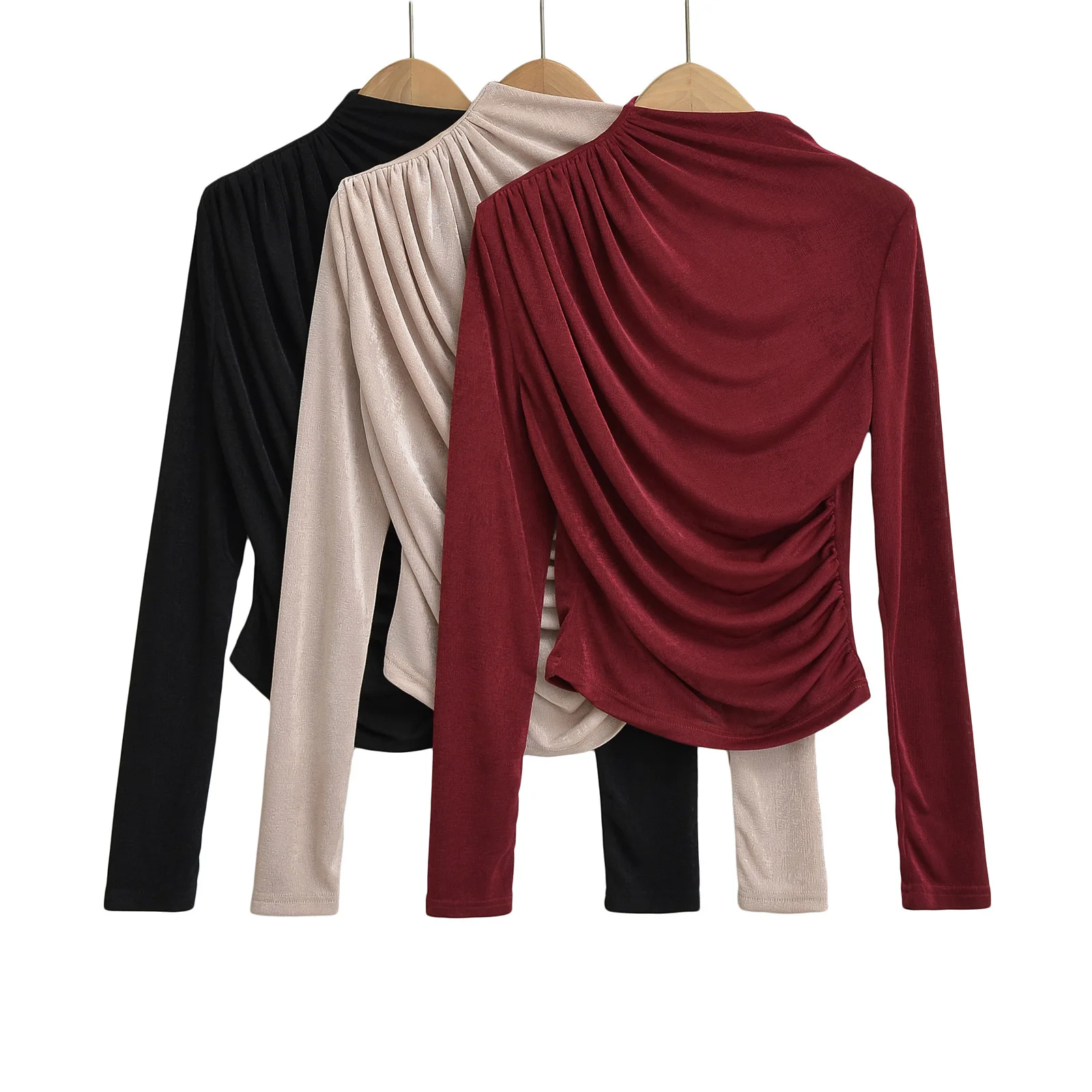 

Женская футболка с воротником и длинными рукавами со складками, осенне-зимние новые облегающие базовые топы, женские 2025