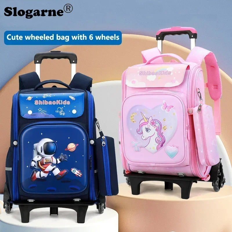 Children's Trolley Backpack 6 Wheels Waterproof Spine Protection Schoolbag Students Large Capacity Backpack Girls Boys Book Bags