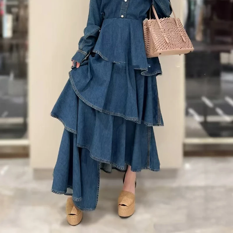 

Women's skirt New asymmetrical spiral long skirt for autumn 2025 High waisted slim women's half skirt Cotton blend denim skirt