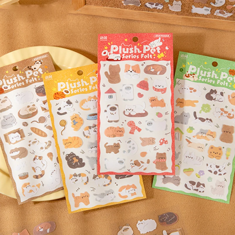 Mr. Paper 4-Pack Plush Pet Felt Stickers, 3D Faux Fur Texture, Cute Pet Theme Journal Scrapbook Decor, Creative Collage Material view 3